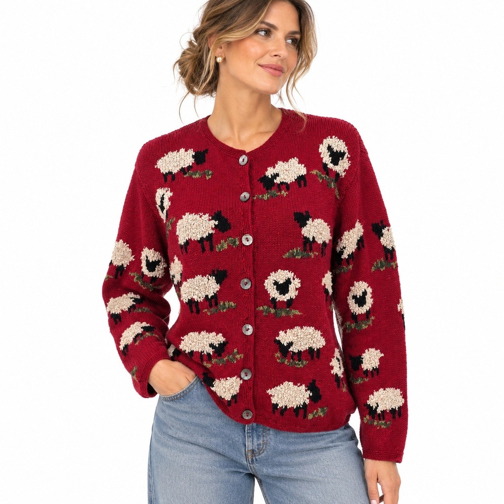 Vintage 90s Talbots Sheep Cardigan PM Hand Knit Linen Novelty Cottagecore Art